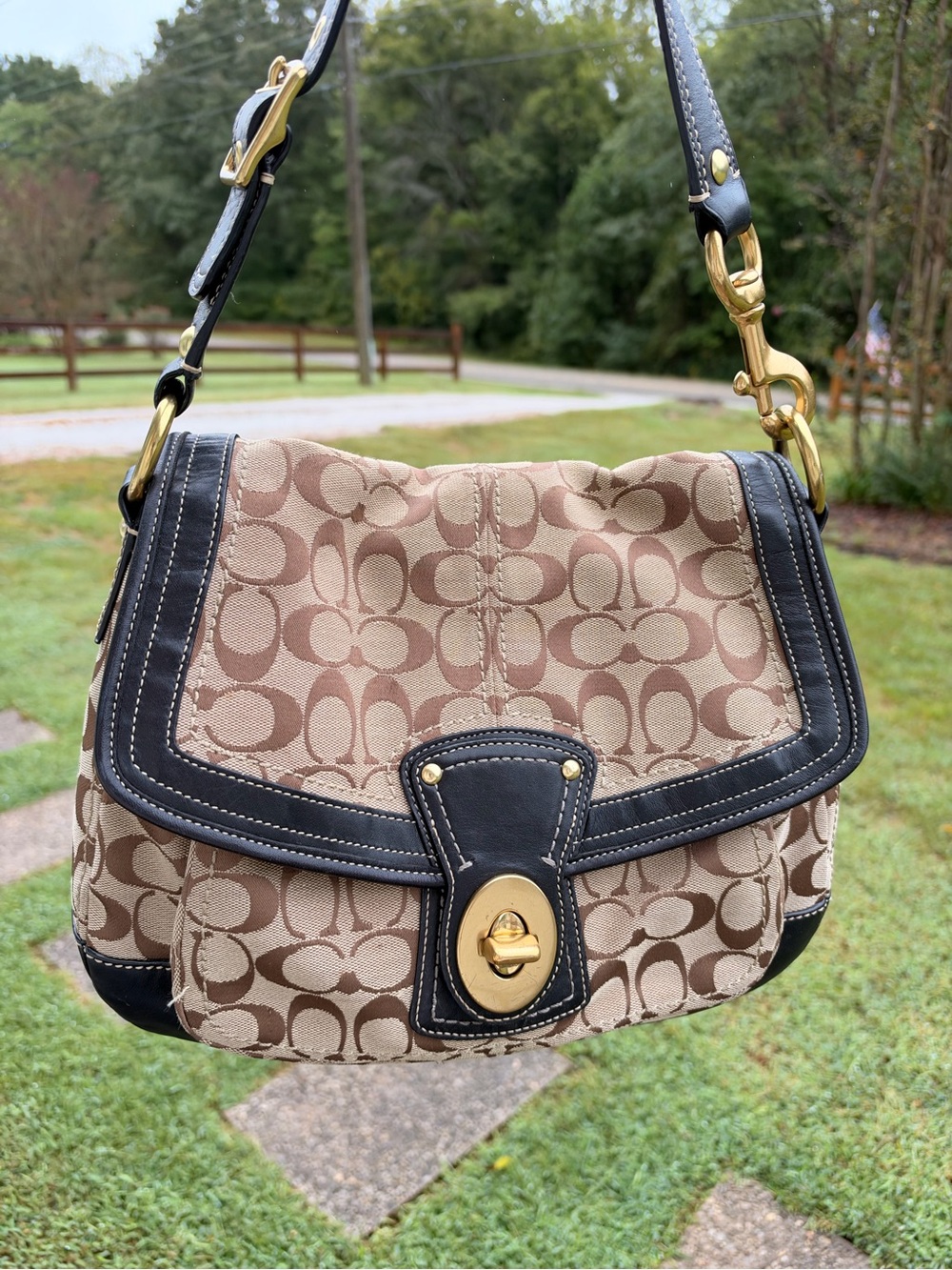 Coach Legacy Signature Canvas Shoulder Bag with Black Leather Trim